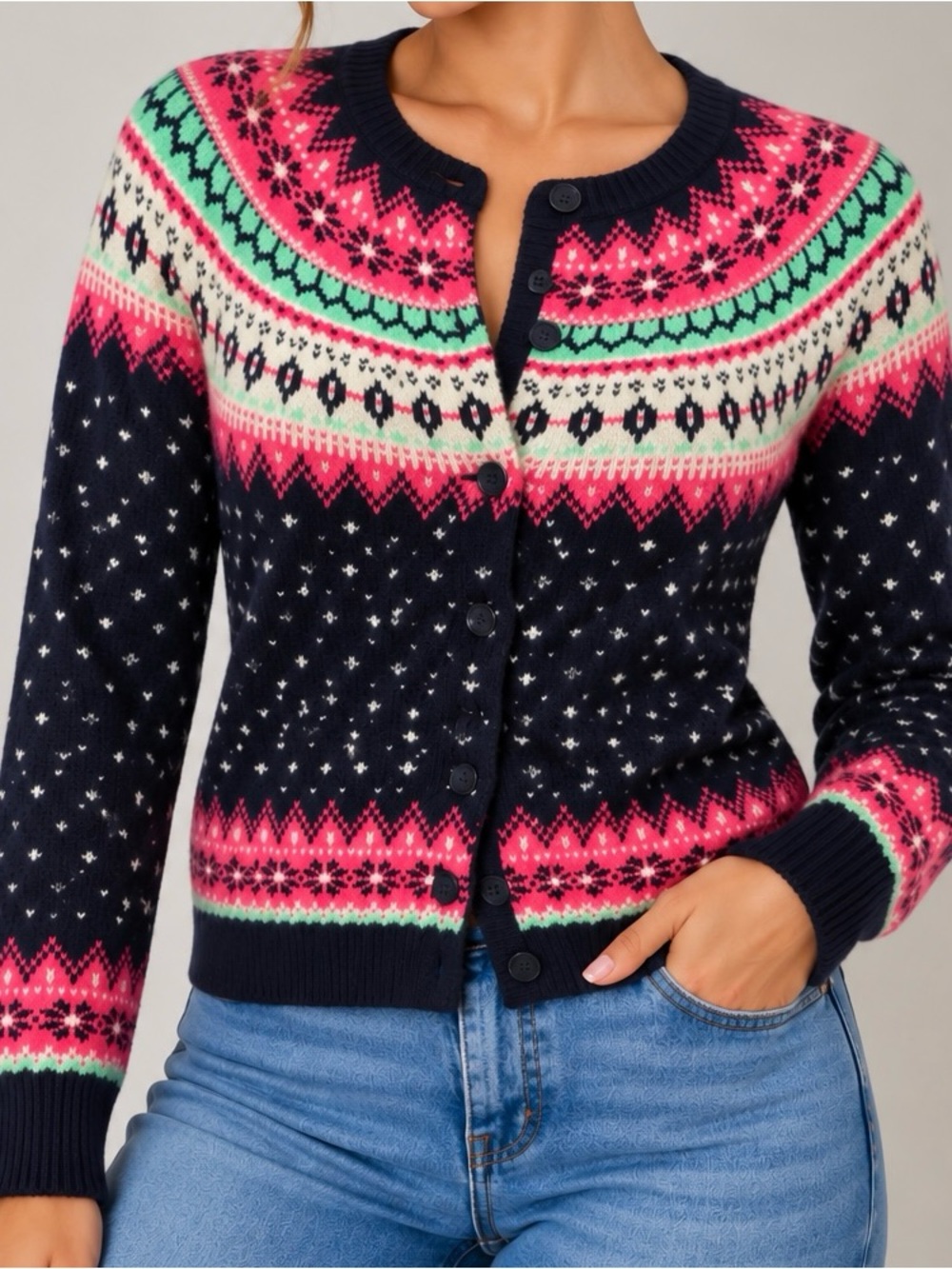 Talbots Navy Pink Mint Fair Isle Nordic Button Down Cardigan Sweater (M)